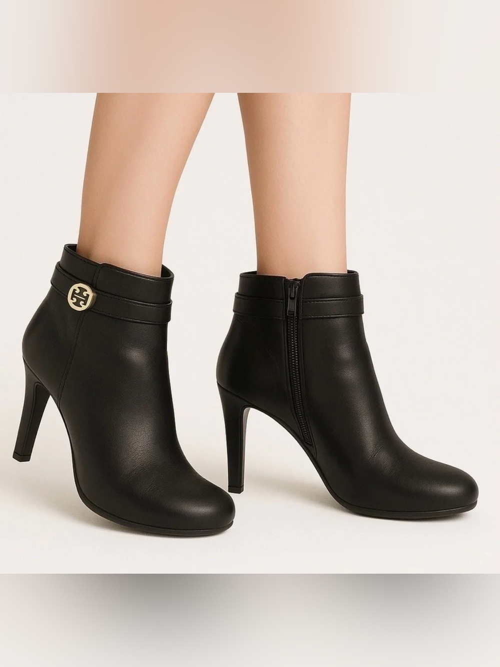 Tory Burch | Women’s Black Leather Side Zip Ankle Boot Heels Gold Logo Accents 8